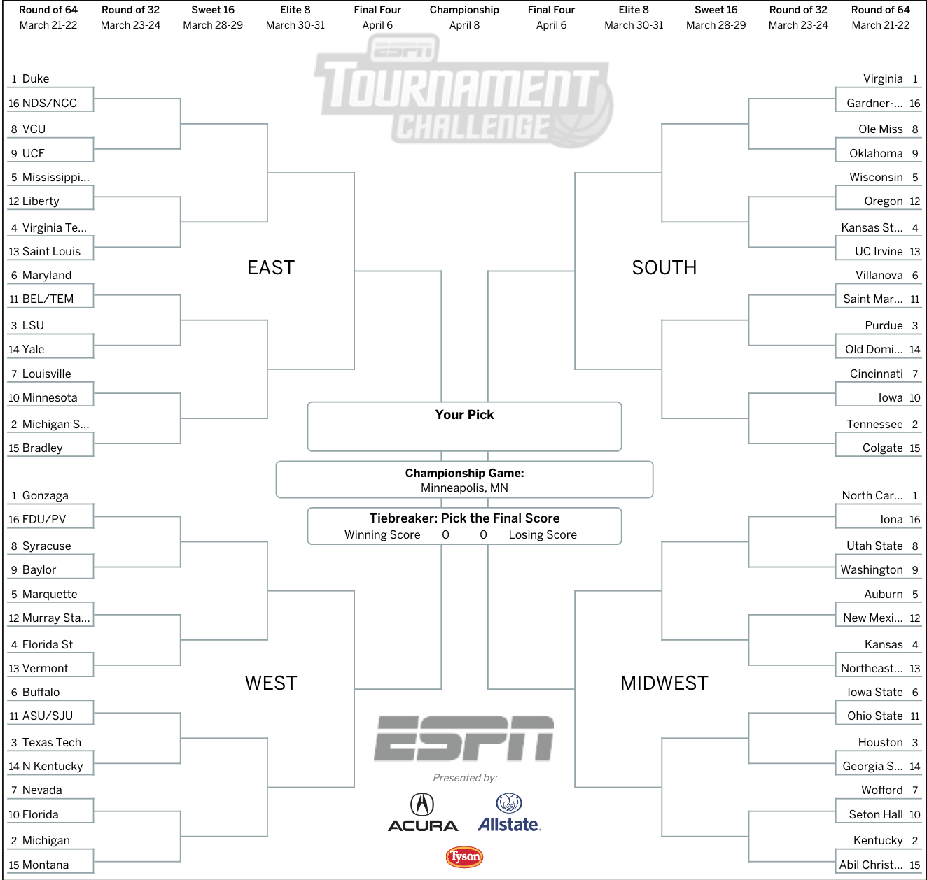 Men's March Madness Bracket Printable