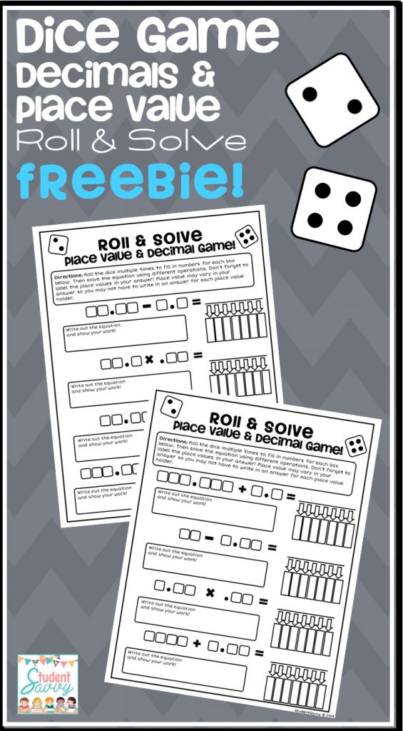 math dice game freebie roll solve decimal equations