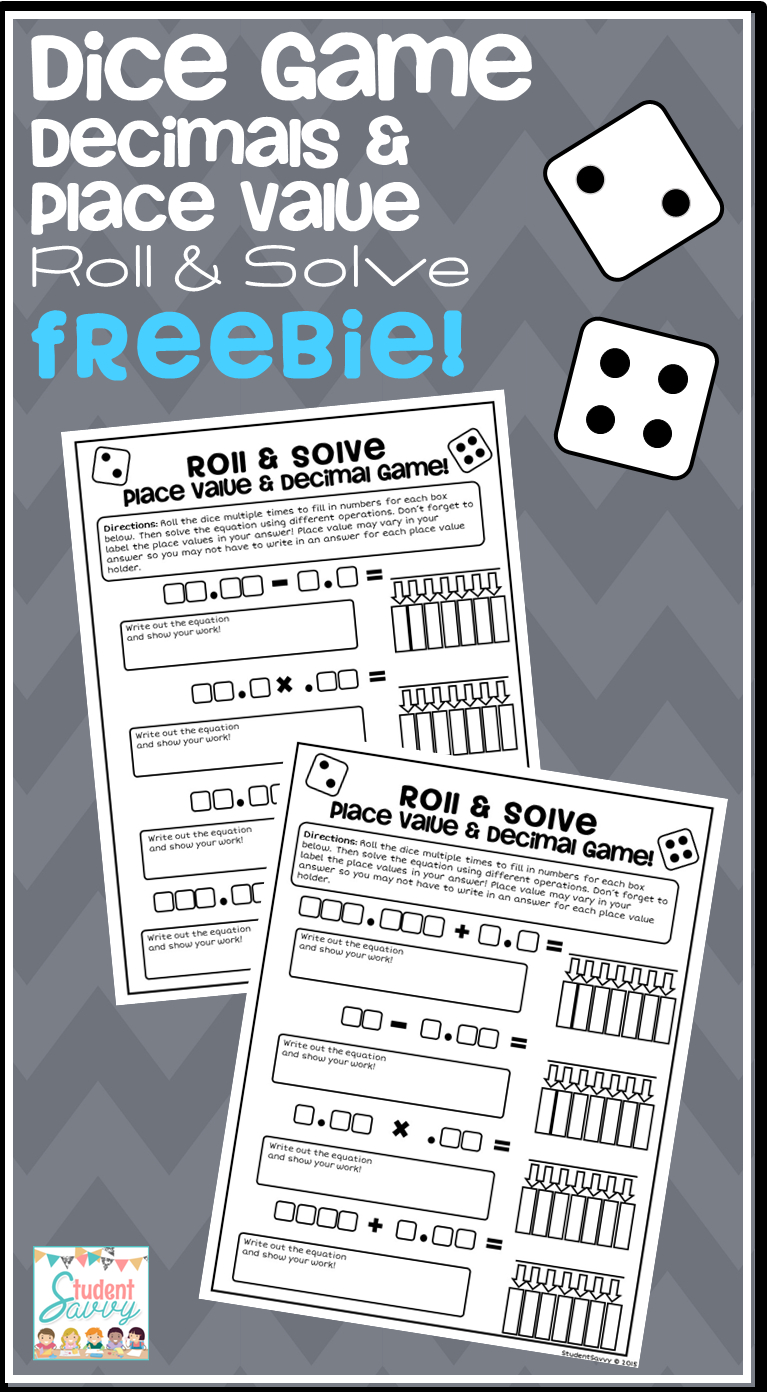Math Dice Game Freebie - Roll &amp;amp; Solve Decimal Equations &amp;amp; Place - Place Value Game Printable Free