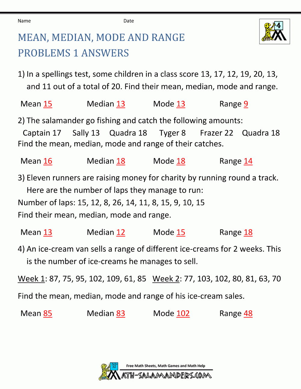 Mean Median Mode Range Worksheets - Free Printable Statistics Worksheets