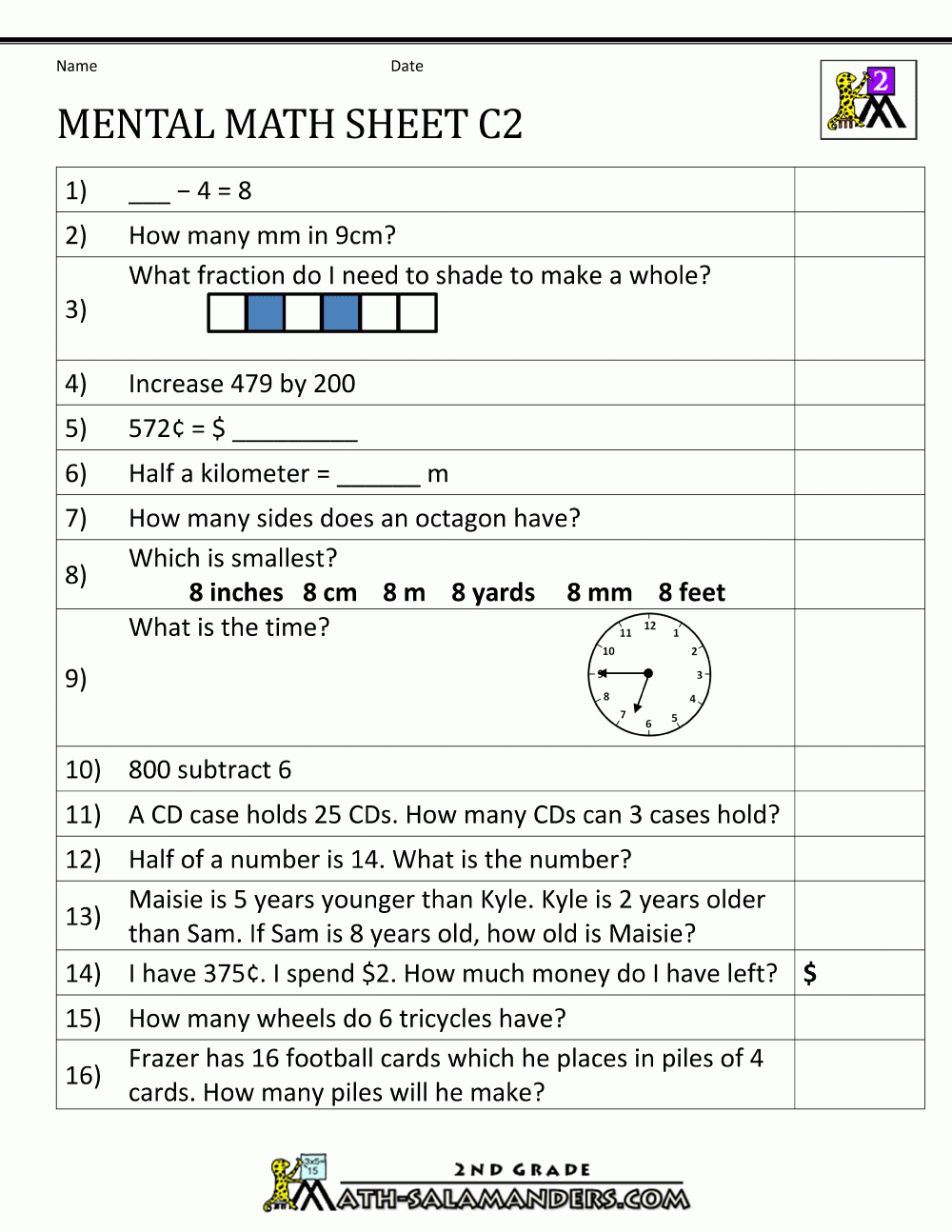 Mental Math Worksheet 2Nd Grade - Free Printable Mental Math Worksheets