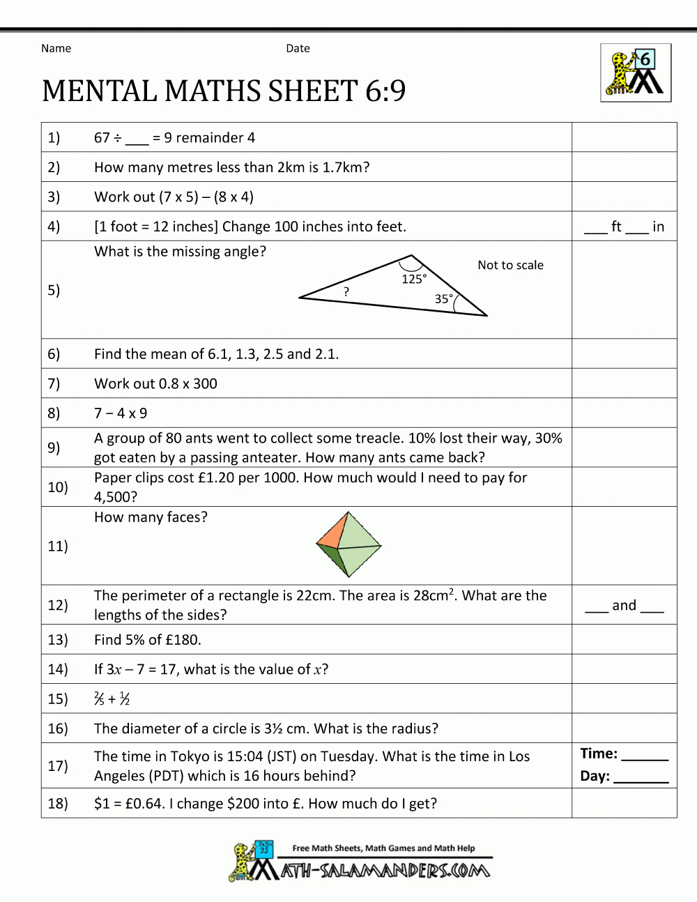 Mental Maths Tests Year 6 Worksheets - Year 6 Maths Worksheets Free Printable