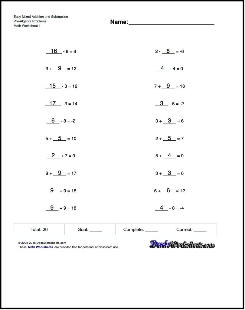 Mixed Addition Worksheet And Subtraction Worksheet Problems - 9Th Grade Algebra Worksheets Free Printable