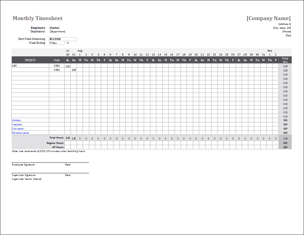 Monthly Timesheet Template For Excel And Google Sheets - Monthly Timesheet Template Free Printable