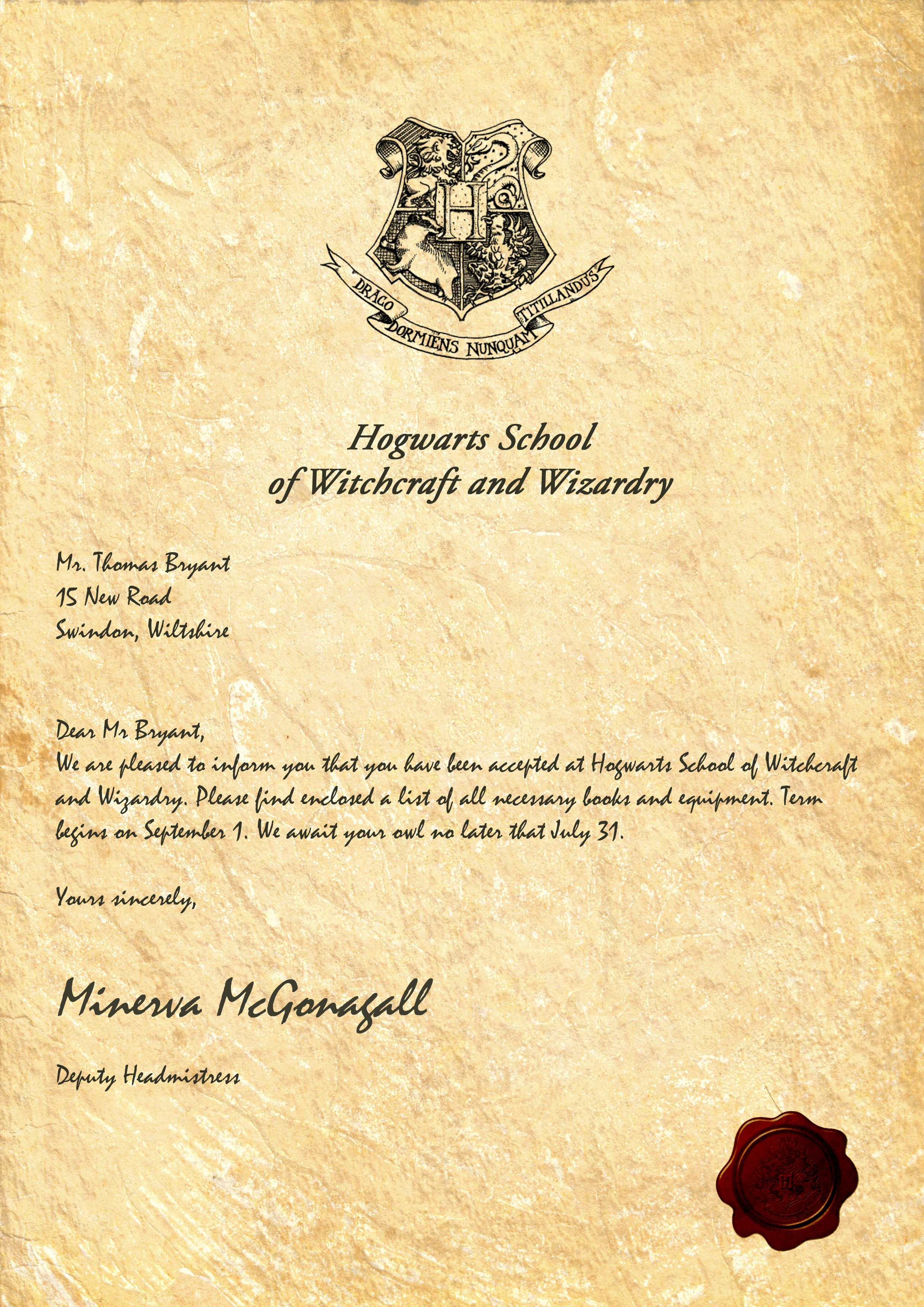 Hogwarts Acceptence Letter Letter Template Free Printable