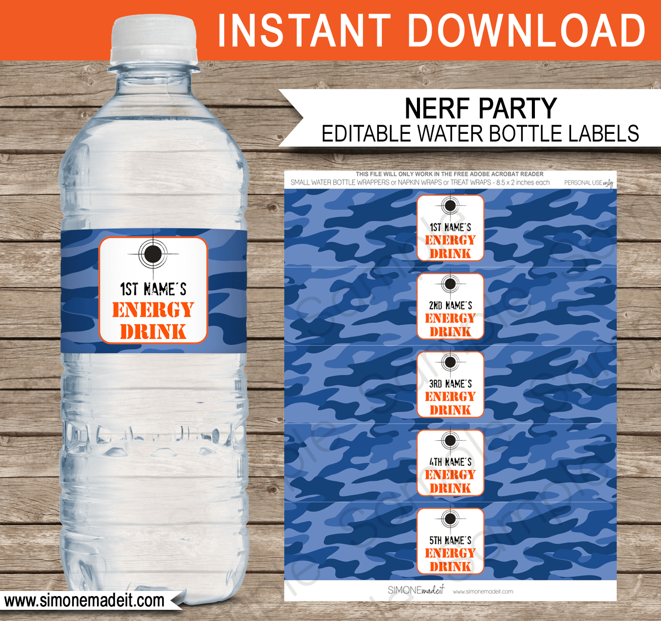 Nerf Party Water Bottle Labels Template – Blue Camo | Birthday - Free Lego Water Bottle Printables