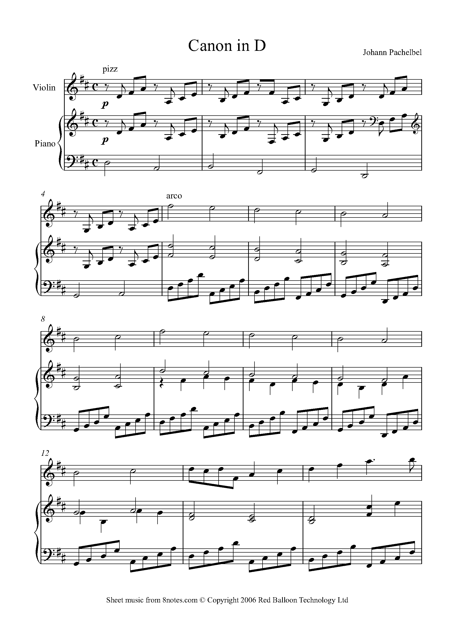 Pachelbel - Canon In D Sheet Music For Violin - 8Notes - Canon In D Piano Sheet Music Free Printable