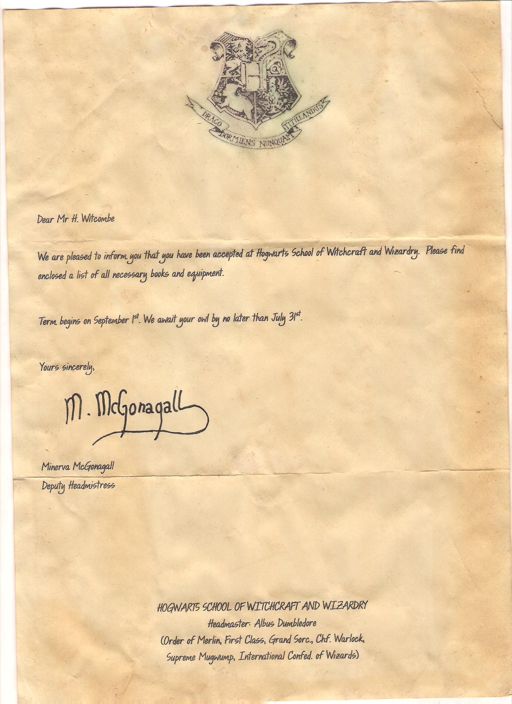 Page One Of The Acceptance Letter From Harry Potter That Hayden - Hogwarts Acceptance Letter Template Free Printable