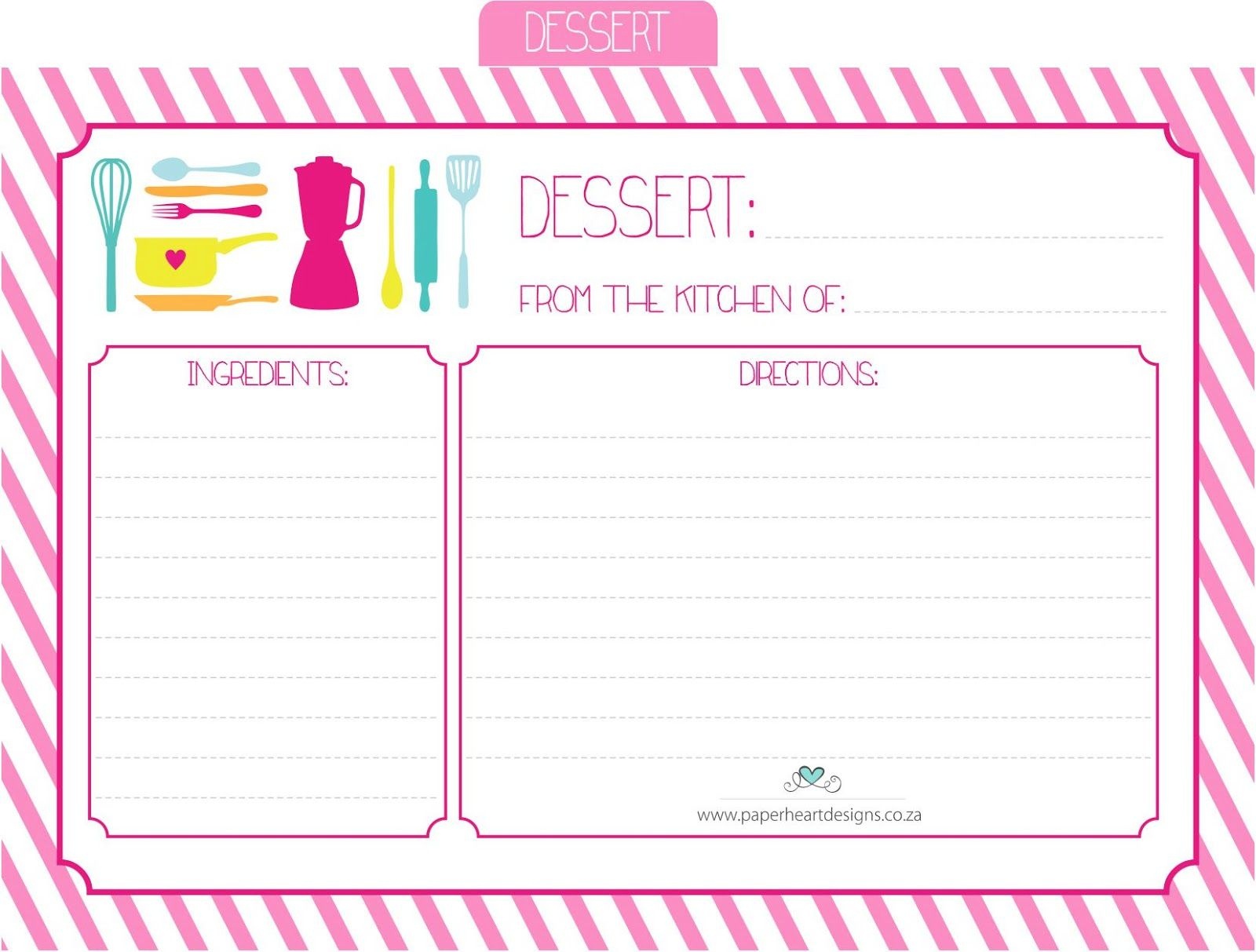 Paper Heart Designs - Free Printable Recipe Cards - Dessert - Free Printable Dessert Recipes