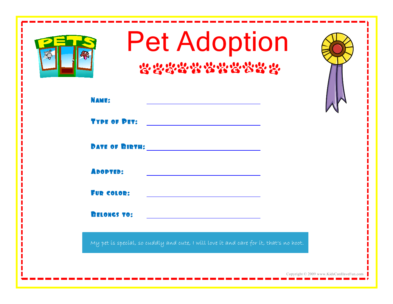 Pet Adoption Certificate For The Kids To Fill Out About Their Pet - Fake Adoption Certificate Free Printable