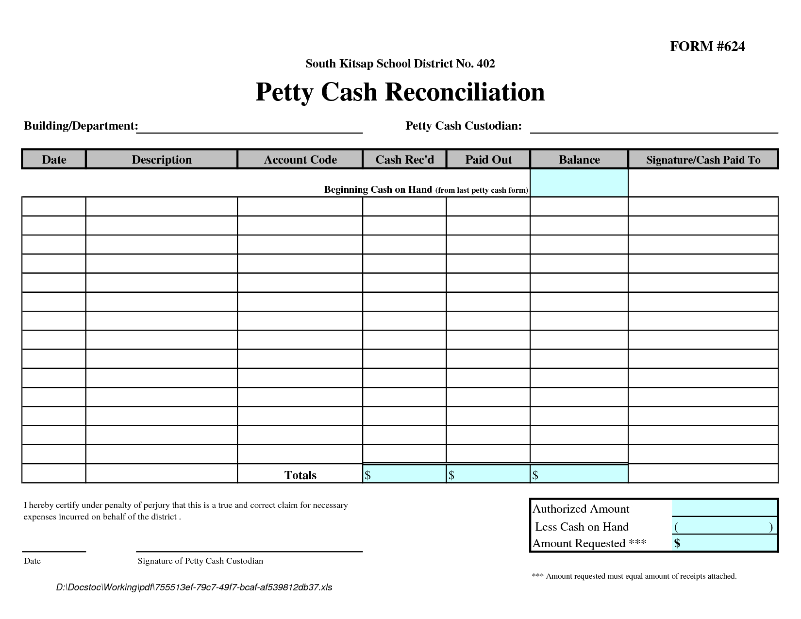 Petty Cash Reconciliation Form Template | Hhh | Templates, Cash - Free Cash Book Template Printable