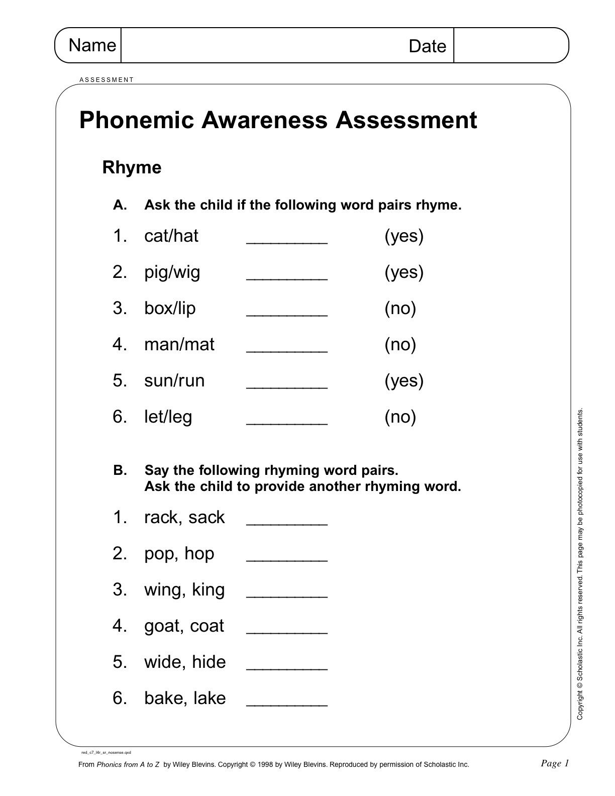 Phonemic Awareness Assessment Page 1 From Scholastic- Teacher - Free Printable Phonics Assessments