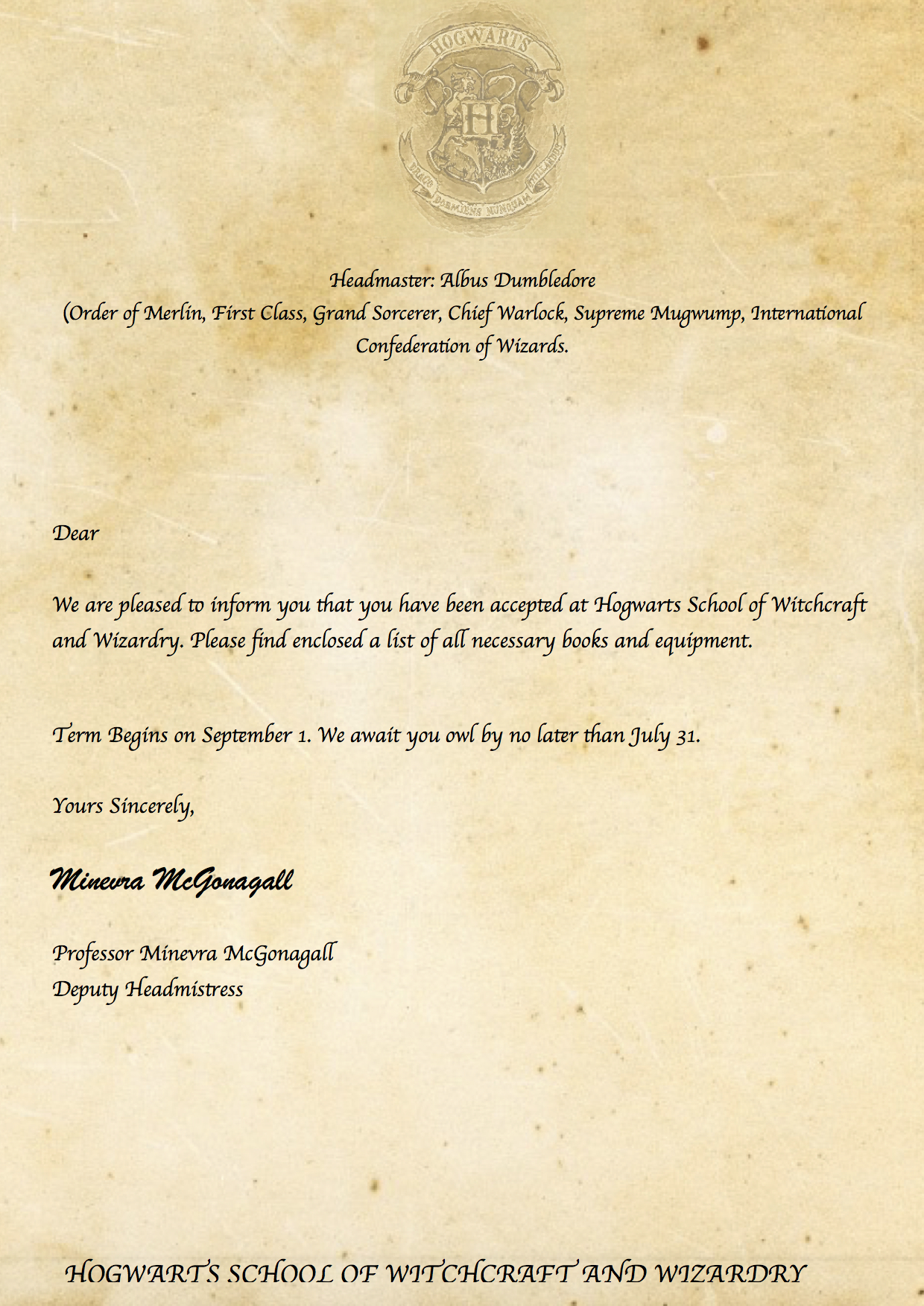 Pincaitlin Moore On Harry Potter ⚡ | Harry Potter Printables - Hogwarts Acceptance Letter Template Free Printable