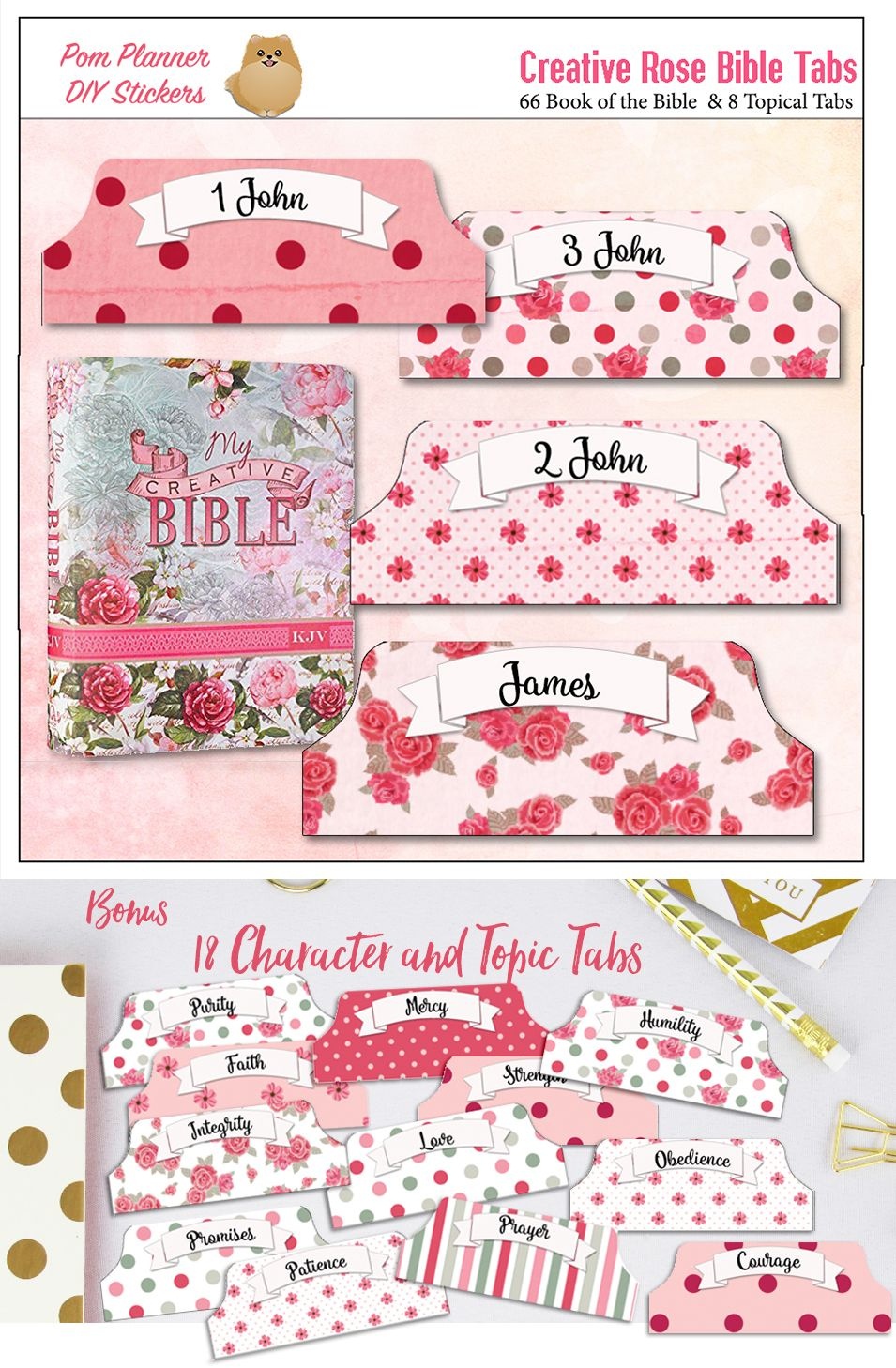 Pink Printable Creative Rose Bible Tabs For Bible Journalling / 66 - Free Printable Books Of The Bible Tabs