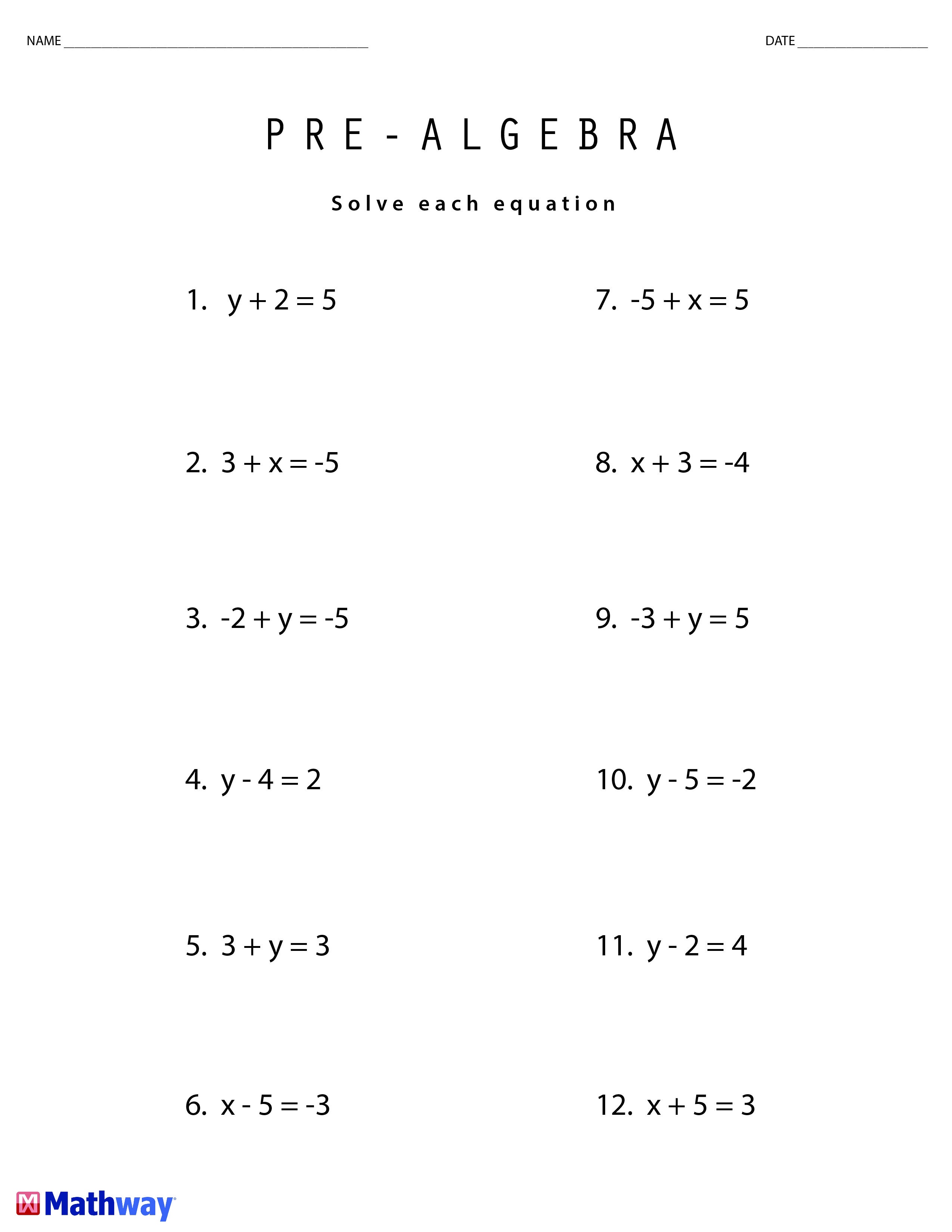 Pre-Algebra Math Worksheet. Need A Little Extra Practice? Try Out - Free Printable Algebra Worksheets With Answers