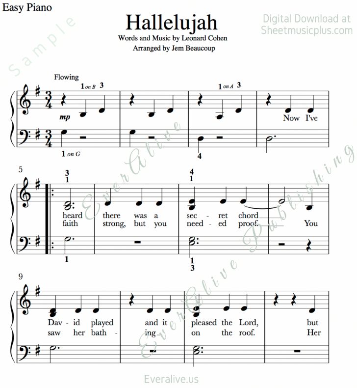 Free Printable Piano Sheet Music For Hallelujah By Leonard Cohen