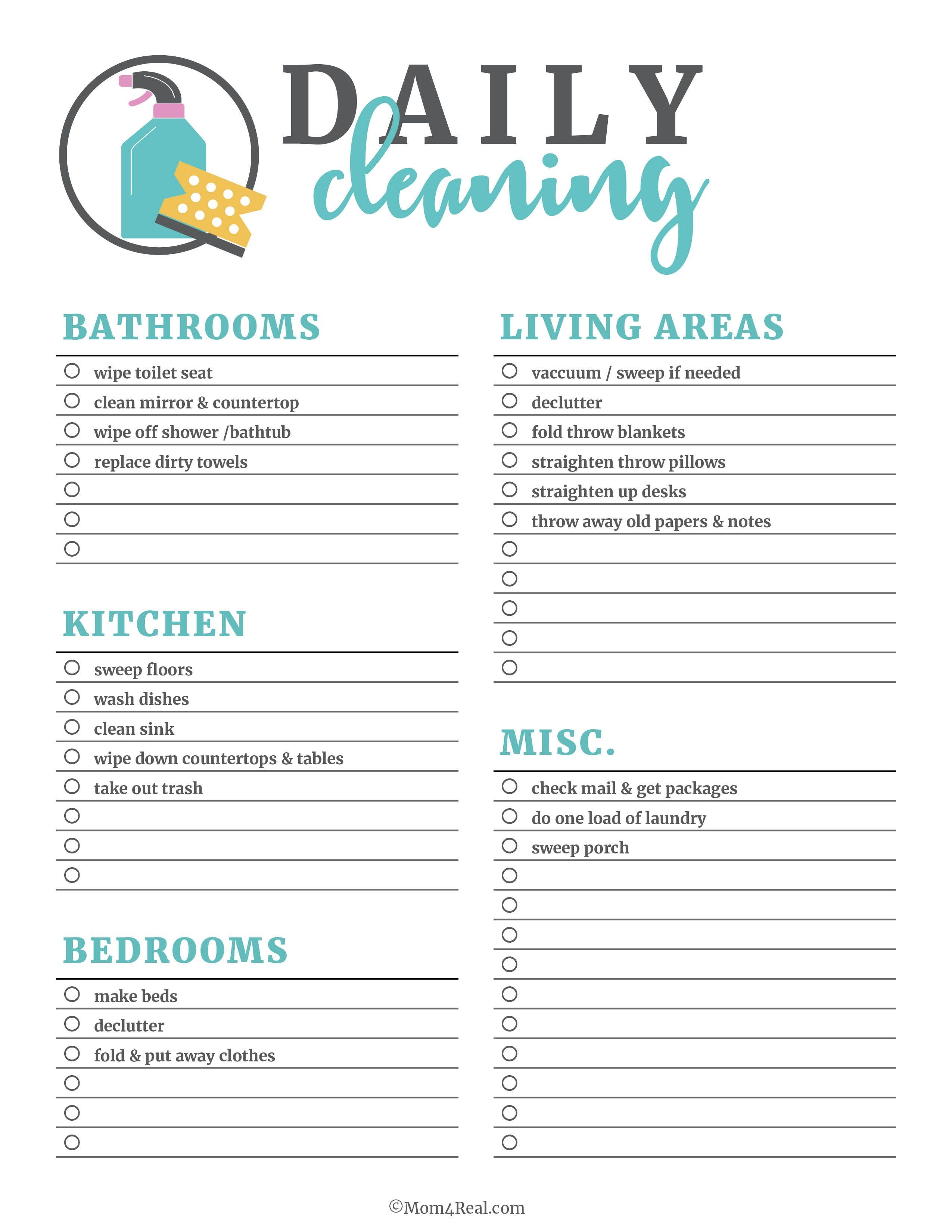 Printable Cleaning Checklists For Daily, Weekly And Monthly Cleaning - Free Printable Daily Cleaning Checklist