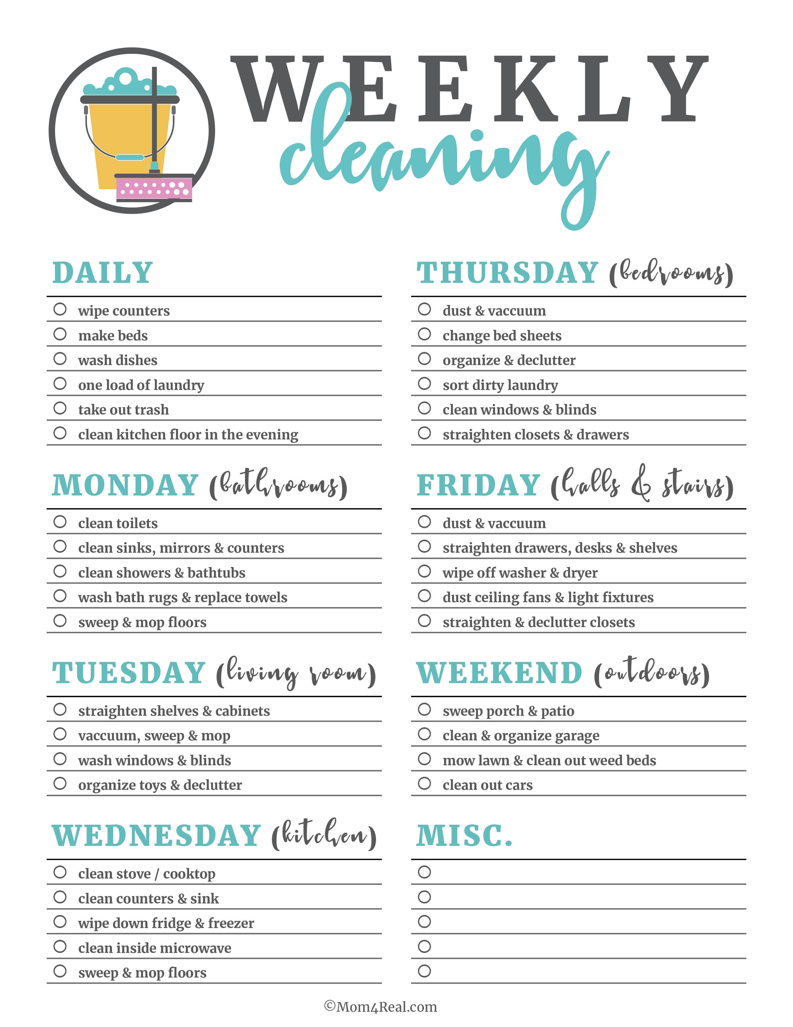 Printable Cleaning Checklists For Daily, Weekly And Monthly Cleaning - Free Printable House Cleaning Checklist