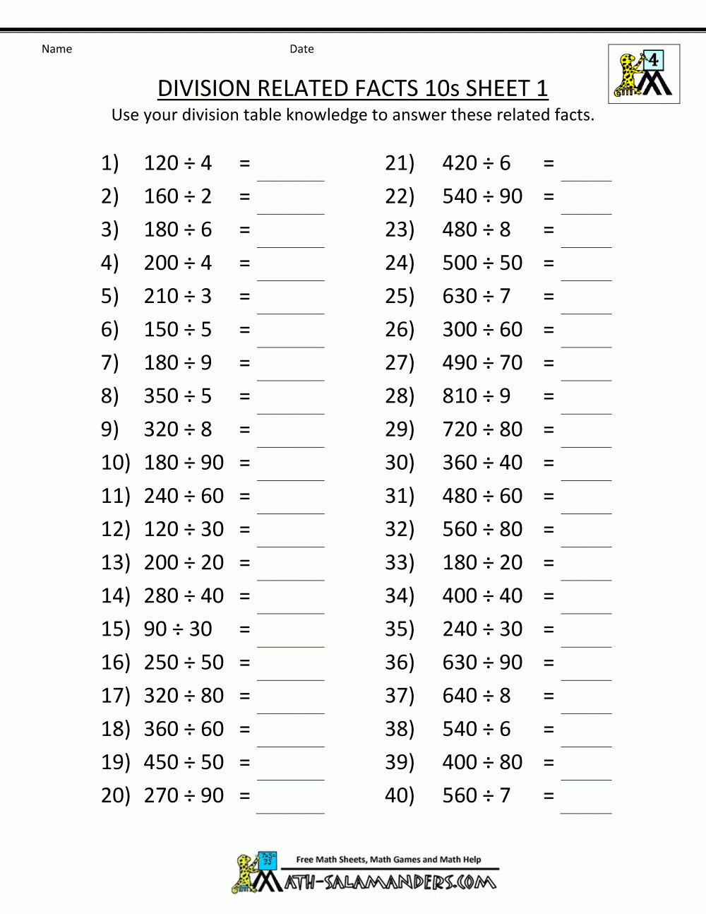 Printable Division Sheets - Free Printable Math Worksheets For 4Th Grade