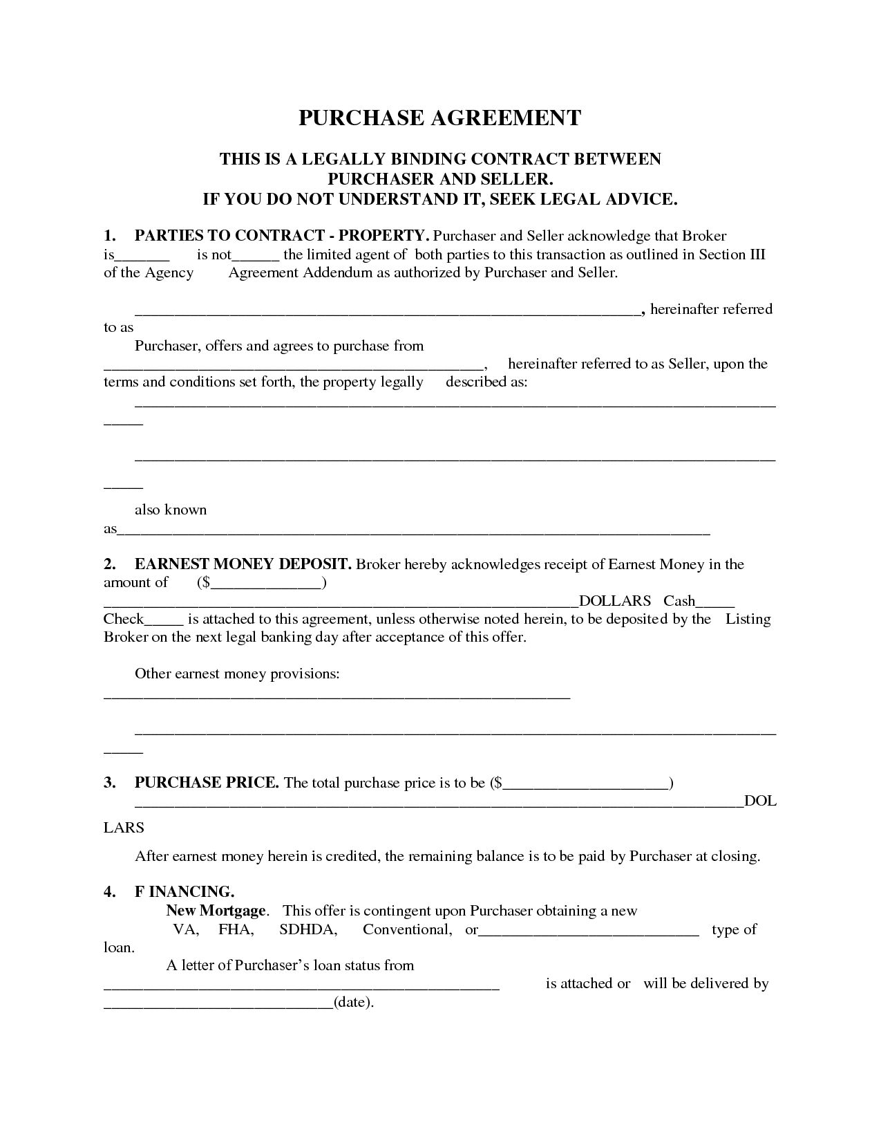 Printable Home Purchase Agreement | Free Printable Purchase - Free Printable Real Estate Contracts