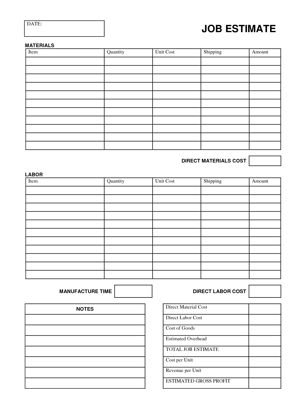 Printable Job Estimate Forms | Job Estimate Free Office Form - Free Printable Contractor Bid Forms