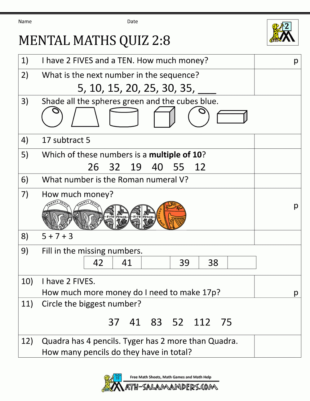 Printable Mental Maths Year 2 Worksheets - Year 2 Free Printable Worksheets
