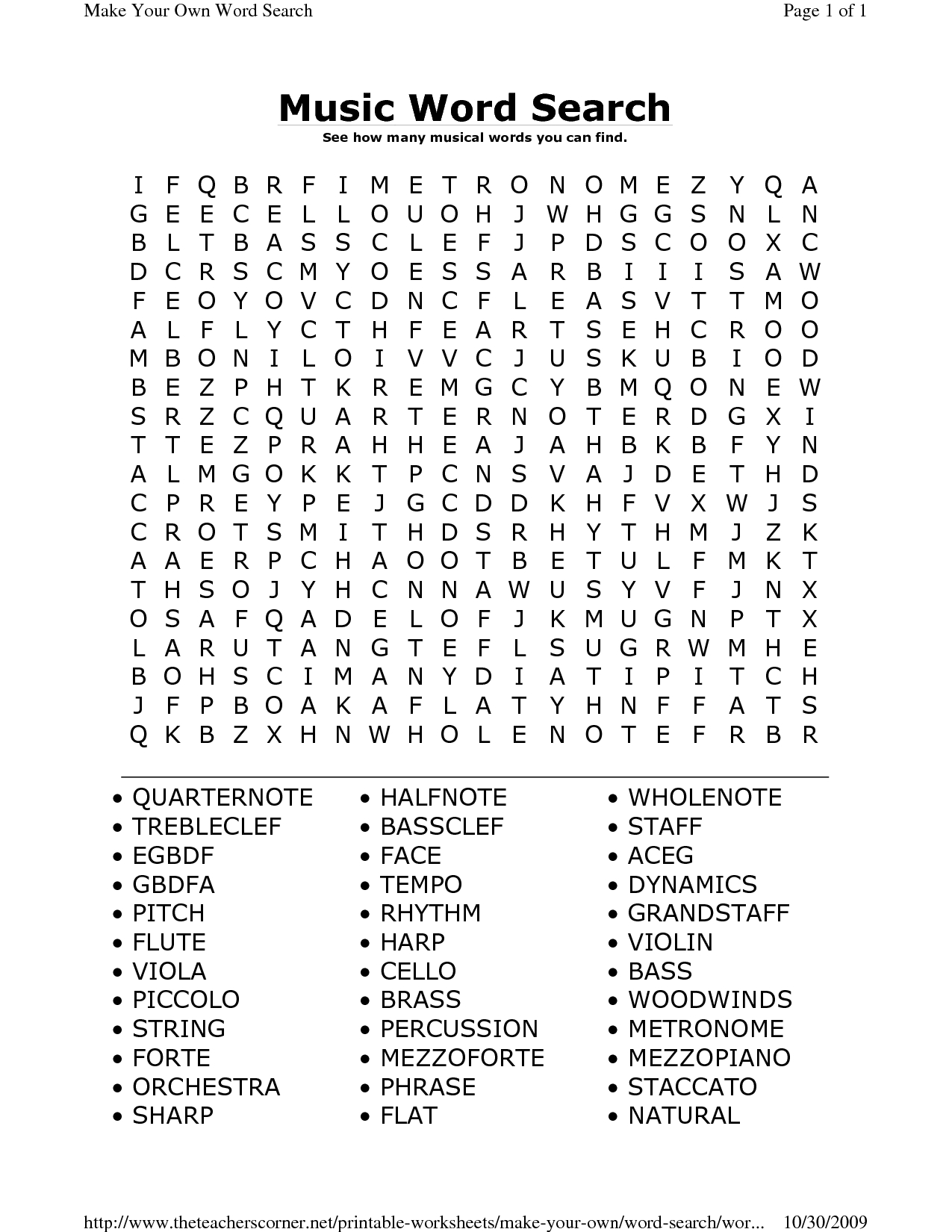 Music Word Search Printable