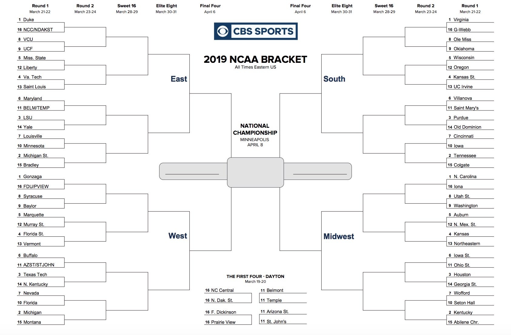 Printable Ncaa Tournament Bracket For March Madness 2019 Free Printable Brackets Free Printable