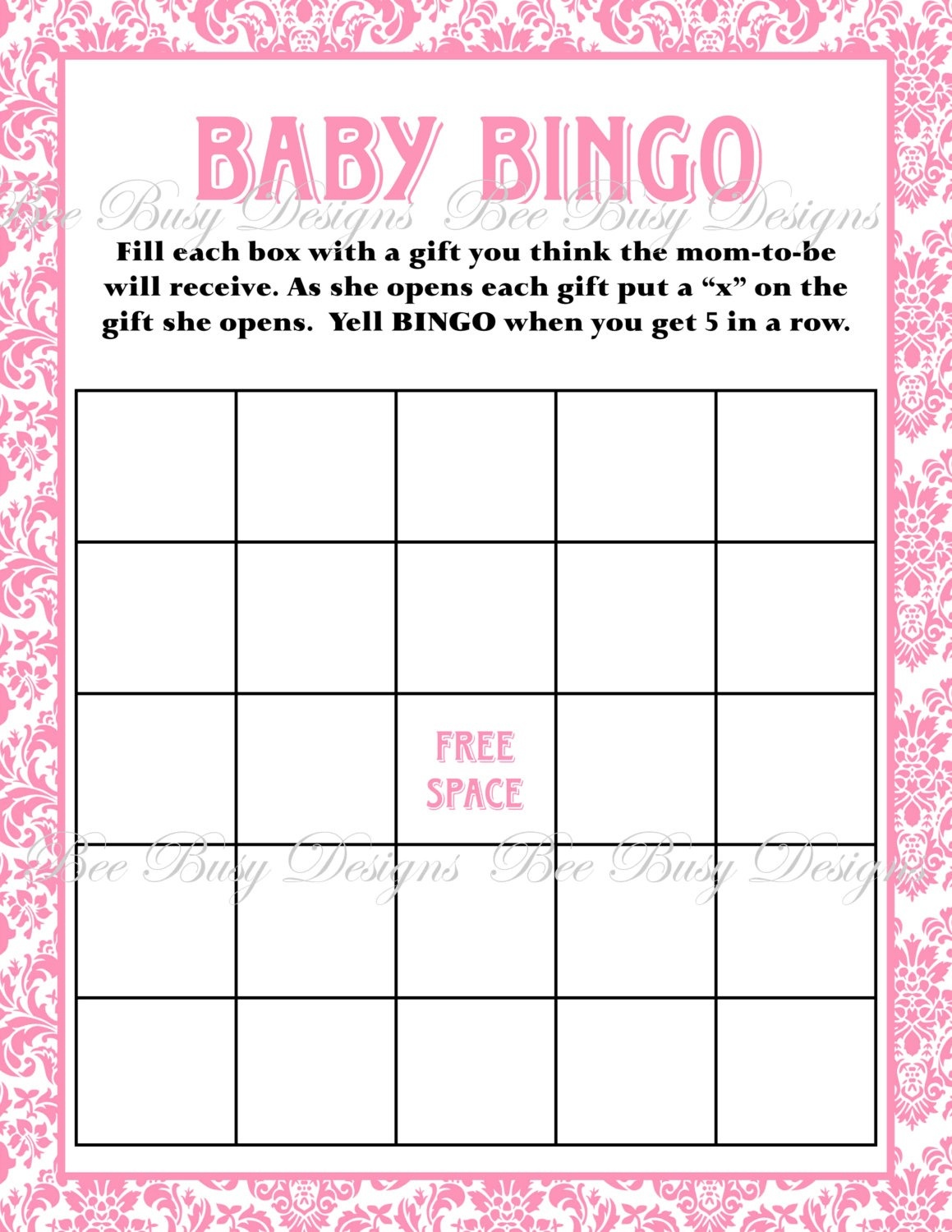Printable Pink Damask Baby Shower Bingo Game | Bee Busy Designs - Baby Bingo Free Printable Template