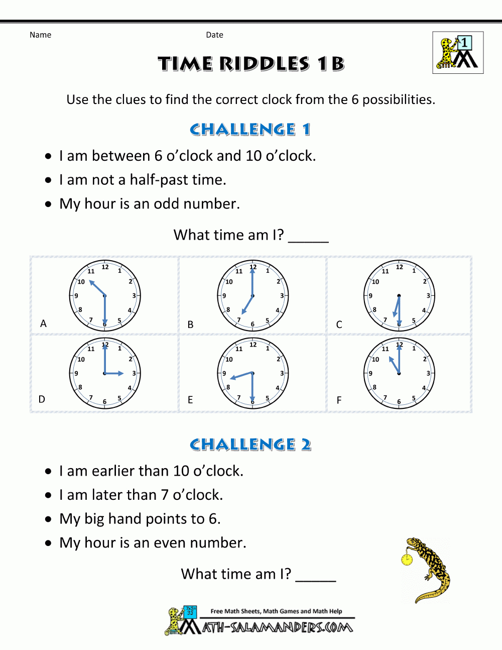 Printable Time Worksheets - Time Riddles (Easier) - Free Printable Riddles