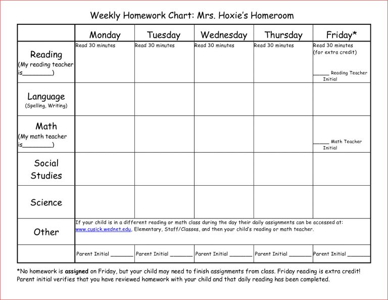 editable weekly assignment sheet