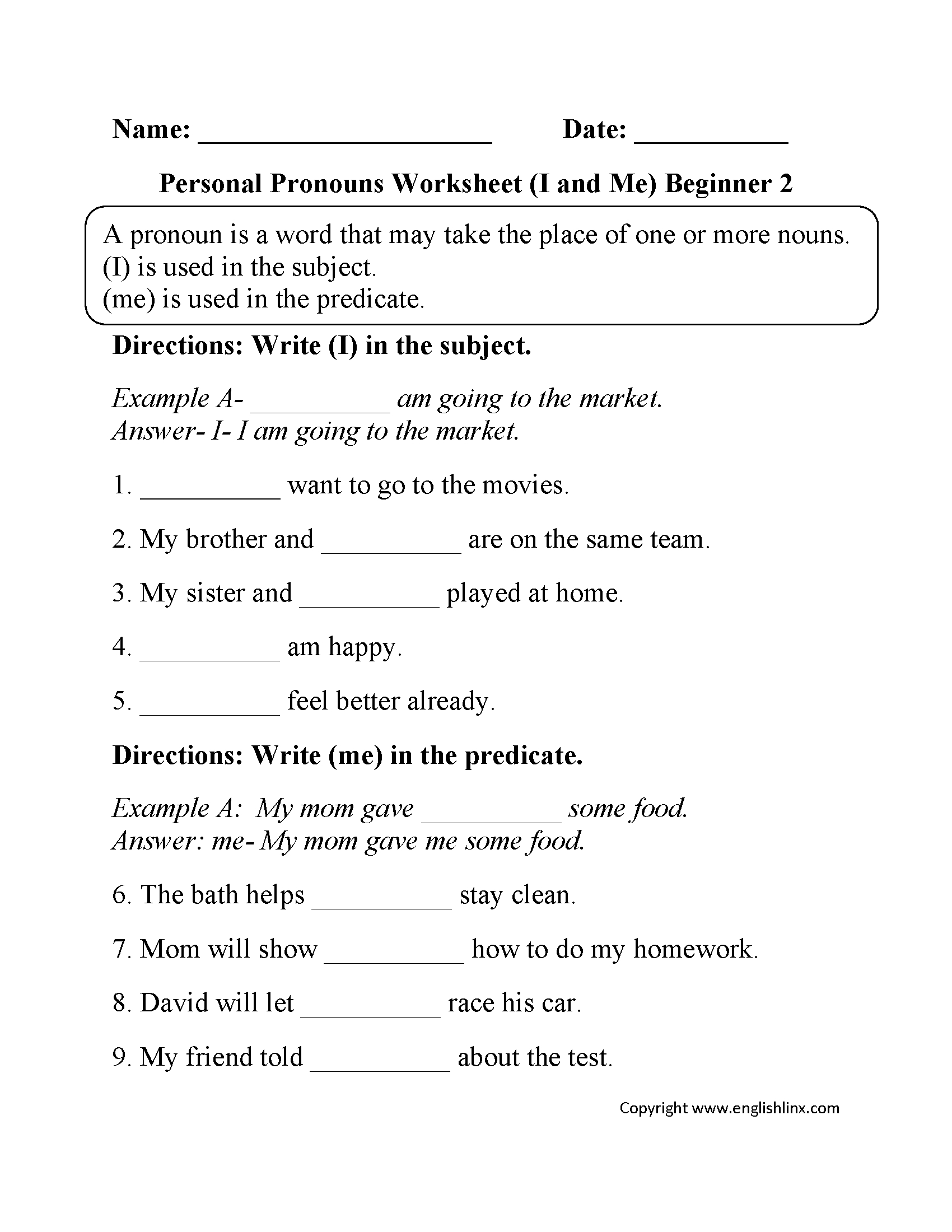 Subject Pronoun Worksheet Esl Beginner