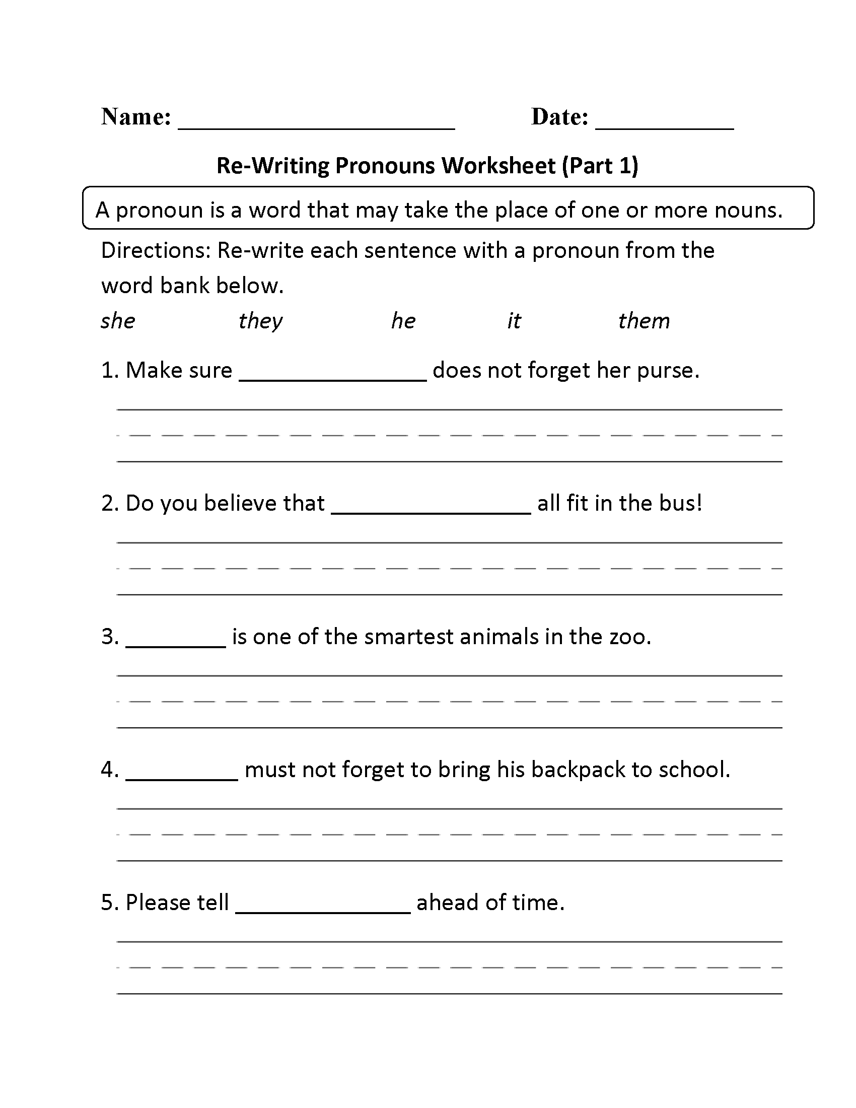 Pronoun Worksheets 2nd Grade
