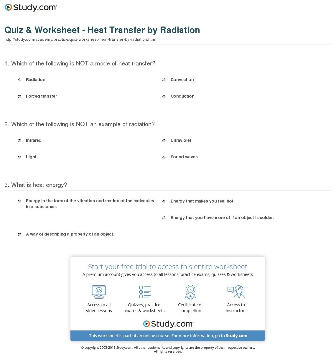 Quiz &amp;amp; Worksheet - Heat Transferradiation | Study - Free Printable Heat Transfer Worksheets