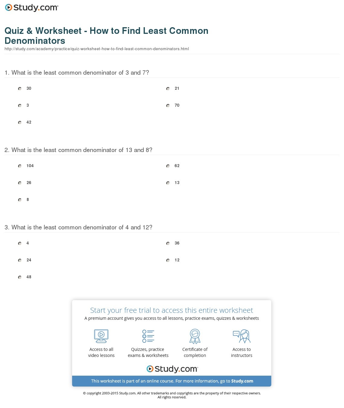 Quiz &amp; Worksheet - How To Find Least Common Denominators | Study - Least Common Multiple Worksheet Free Printable