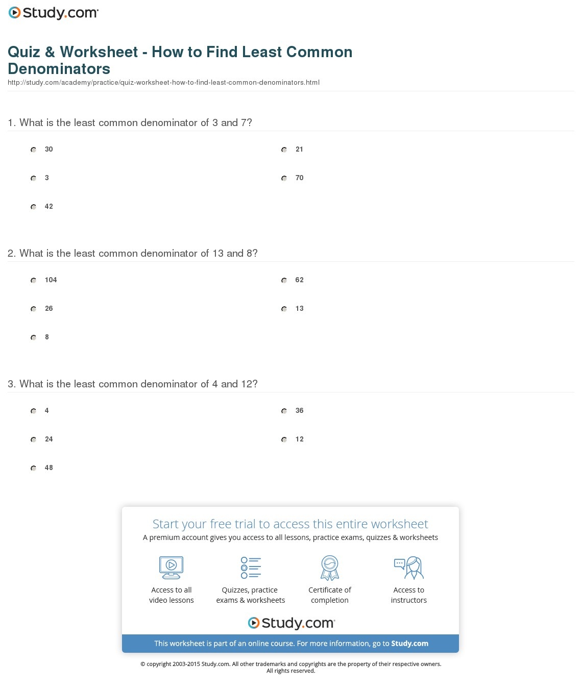 Quiz &amp;amp; Worksheet - How To Find Least Common Denominators | Study - Least Common Multiple Worksheet Free Printable