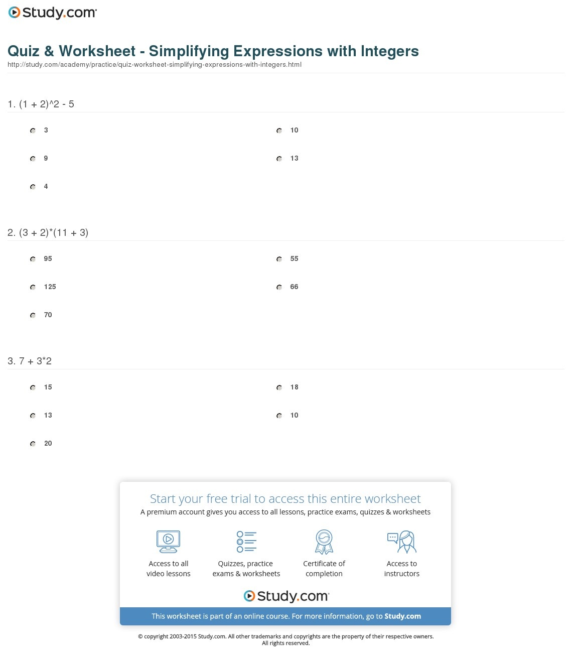 Quiz &amp;amp; Worksheet - Simplifying Expressions With Integers | Study - Free Printable Integer Worksheets Grade 7