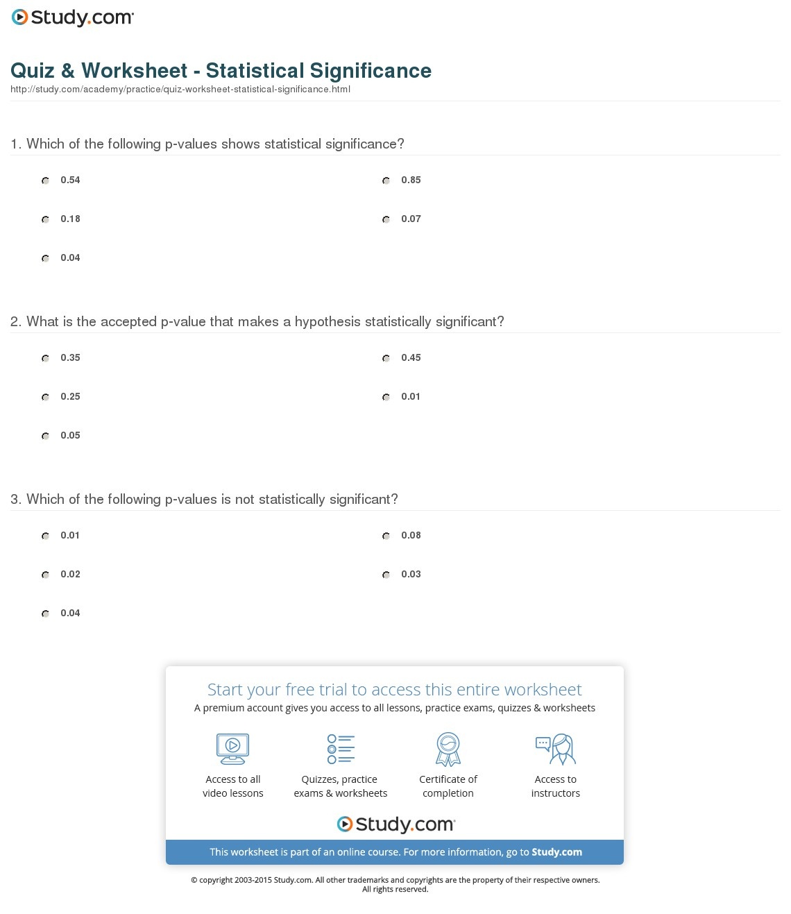Quiz &amp;amp; Worksheet - Statistical Significance | Study - Free Printable Statistics Worksheets