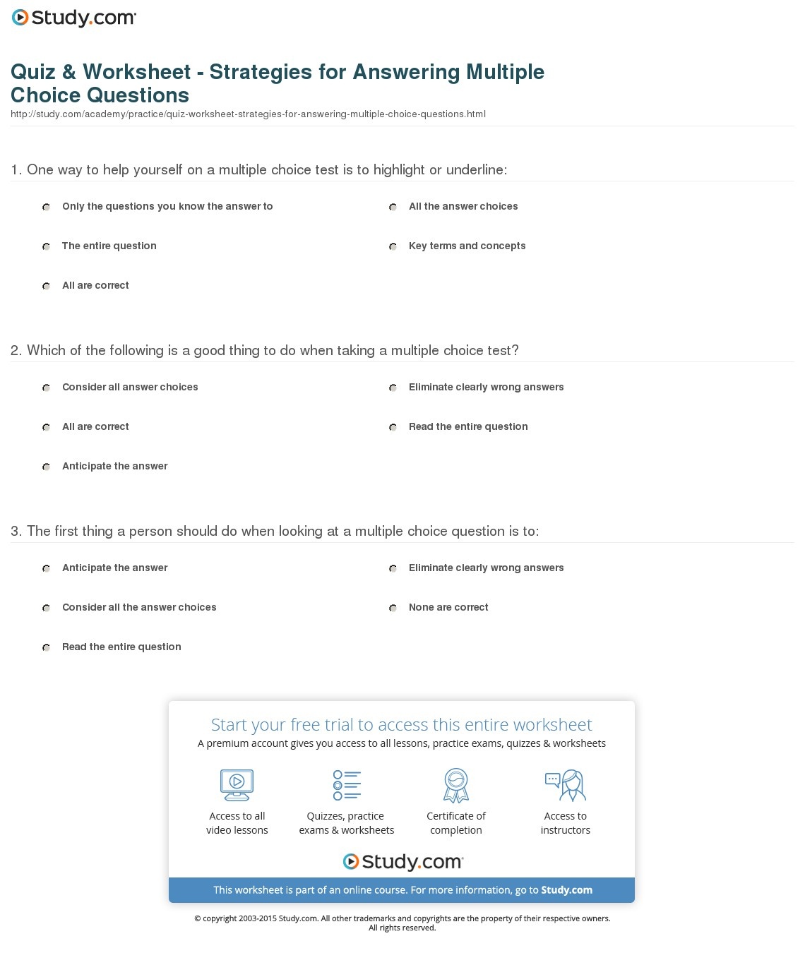 Quiz &amp;amp; Worksheet - Strategies For Answering Multiple Choice - Free Printable Multiple Choice Worksheets