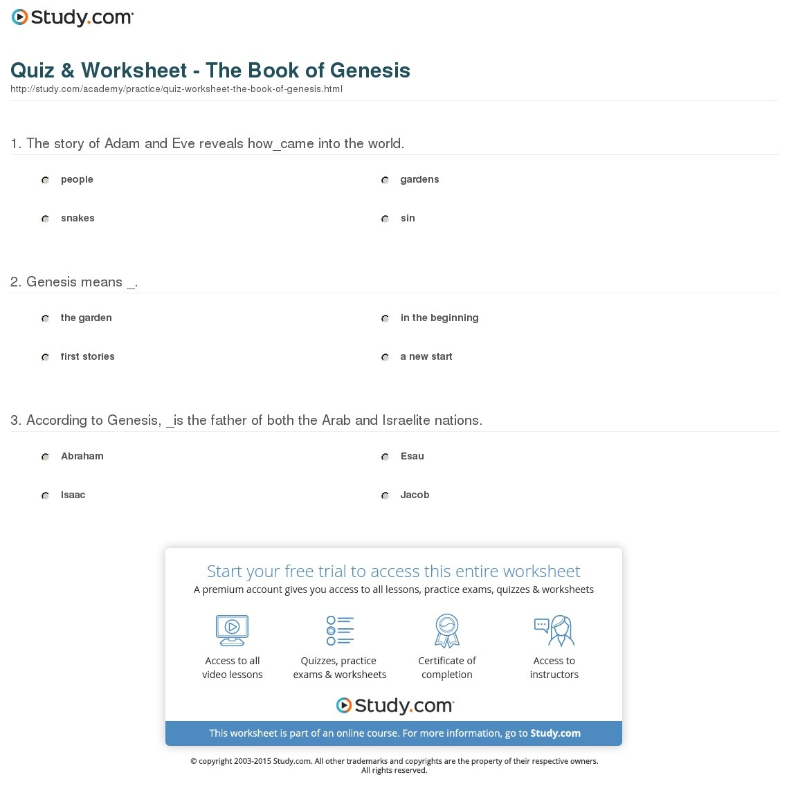 Quiz &amp;amp; Worksheet - The Book Of Genesis | Study - Free Printable Bible Study Lessons Genesis