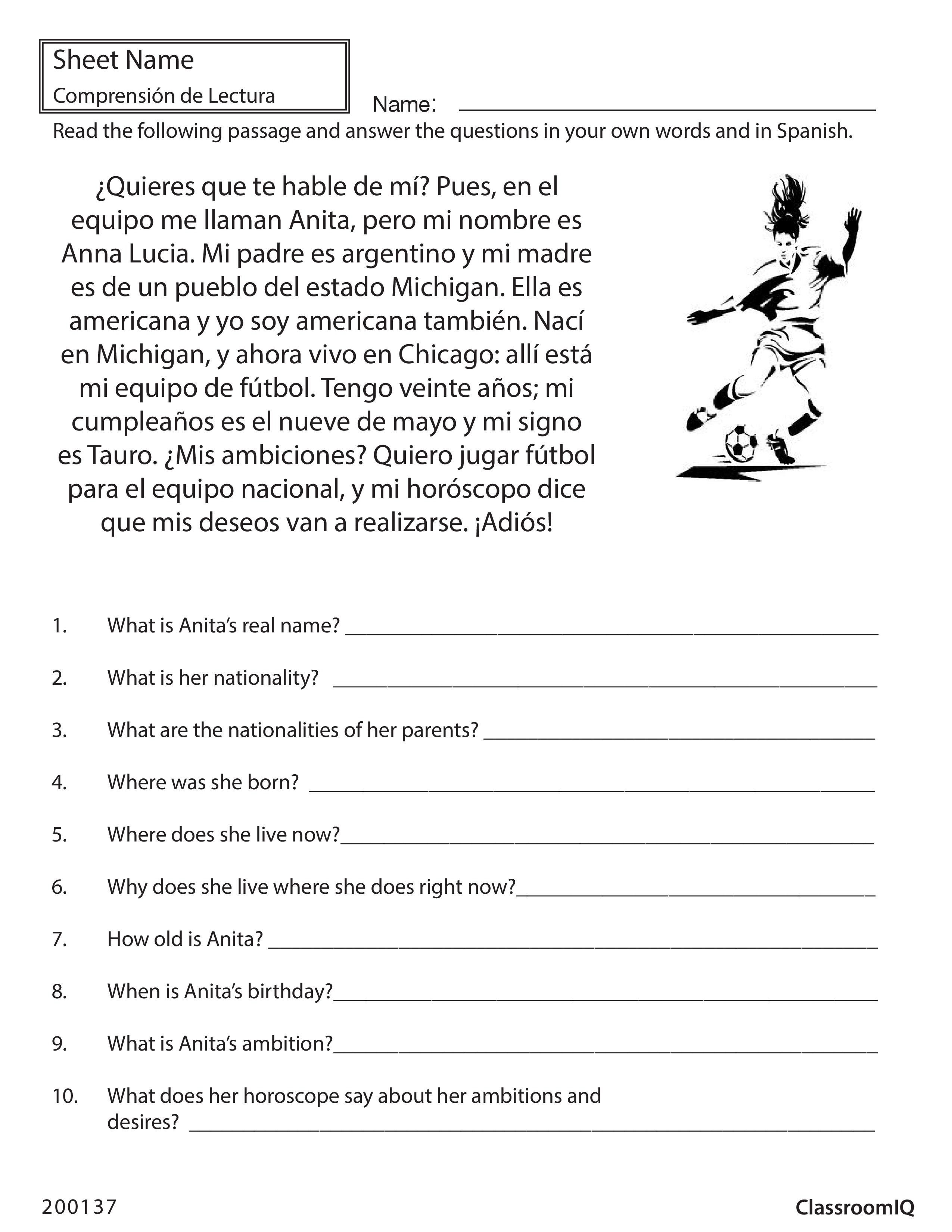 Read Spanish Passage And Answer Questions In English - Free Printable Spanish Reading Comprehension Worksheets