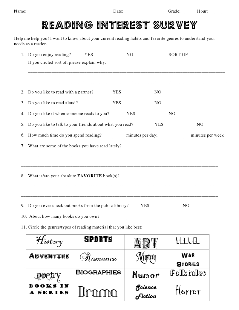 Reading Interest Survey - Find Out What They Like To Read! | Rock - Free Strong Interest Inventory Test Printable