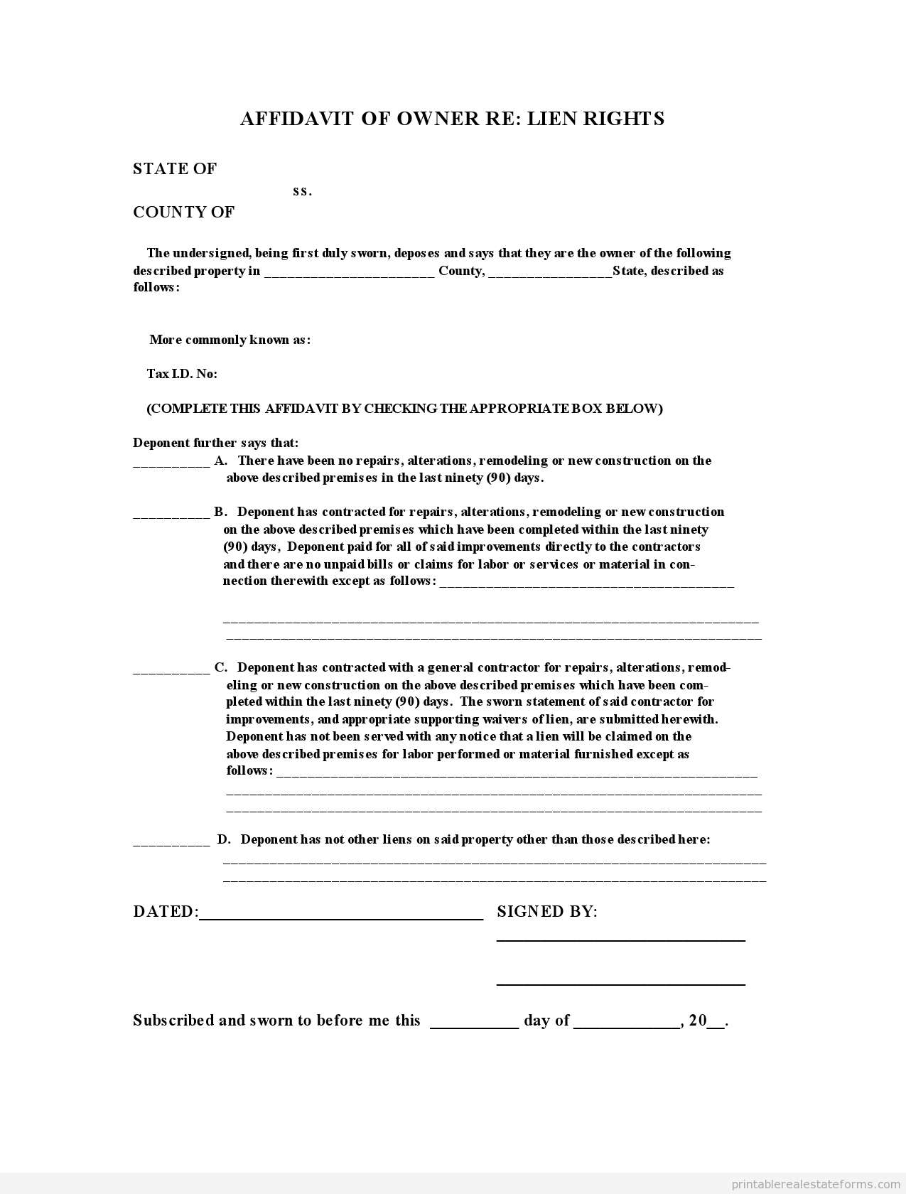 Sample Printable Affidavit Of Ownership 5 Form | Printable Real - Free Printable Blank Affidavit Form