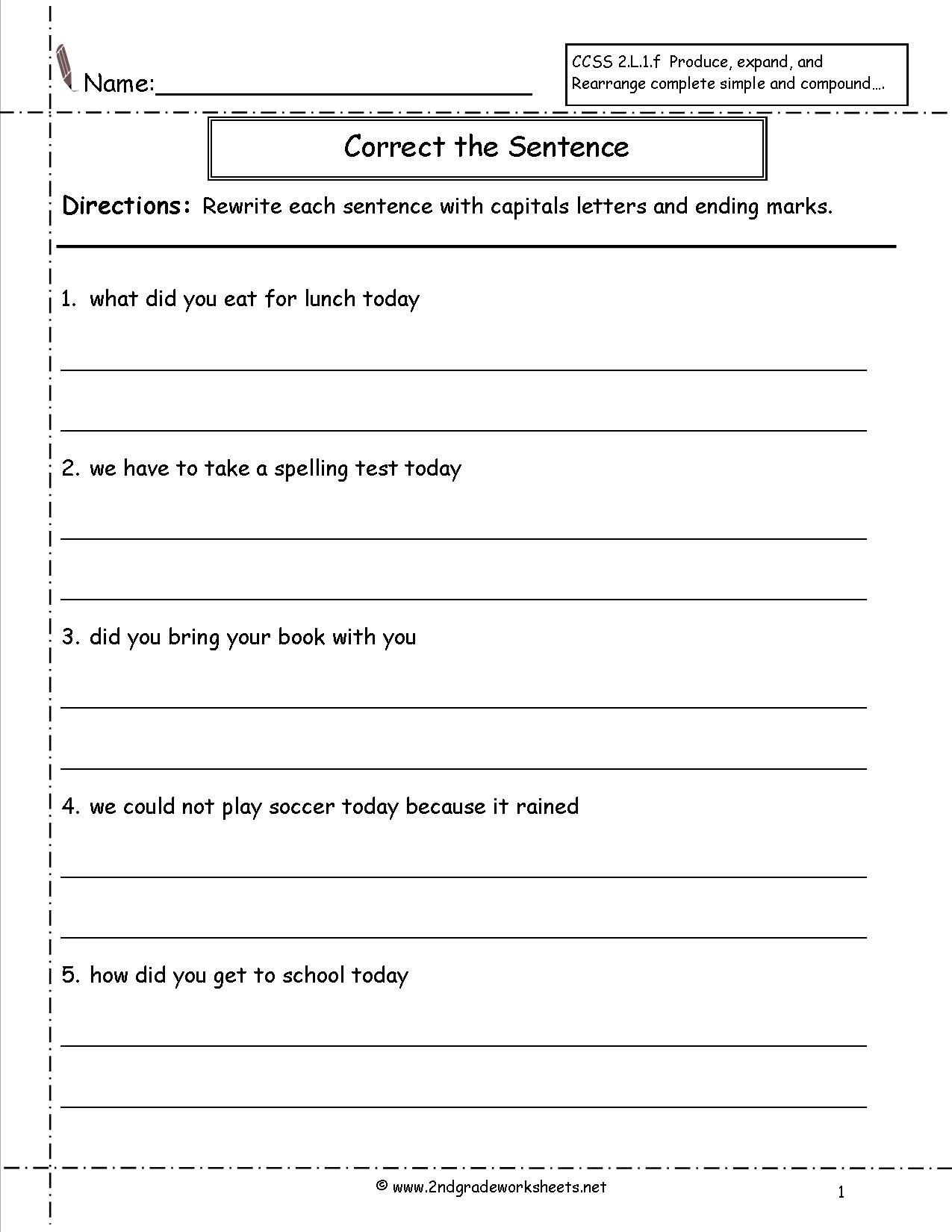 Second Grade Sentences Worksheets, Ccss 2.l.1.f Worksheets. - Free Printable Sentence Correction Worksheets