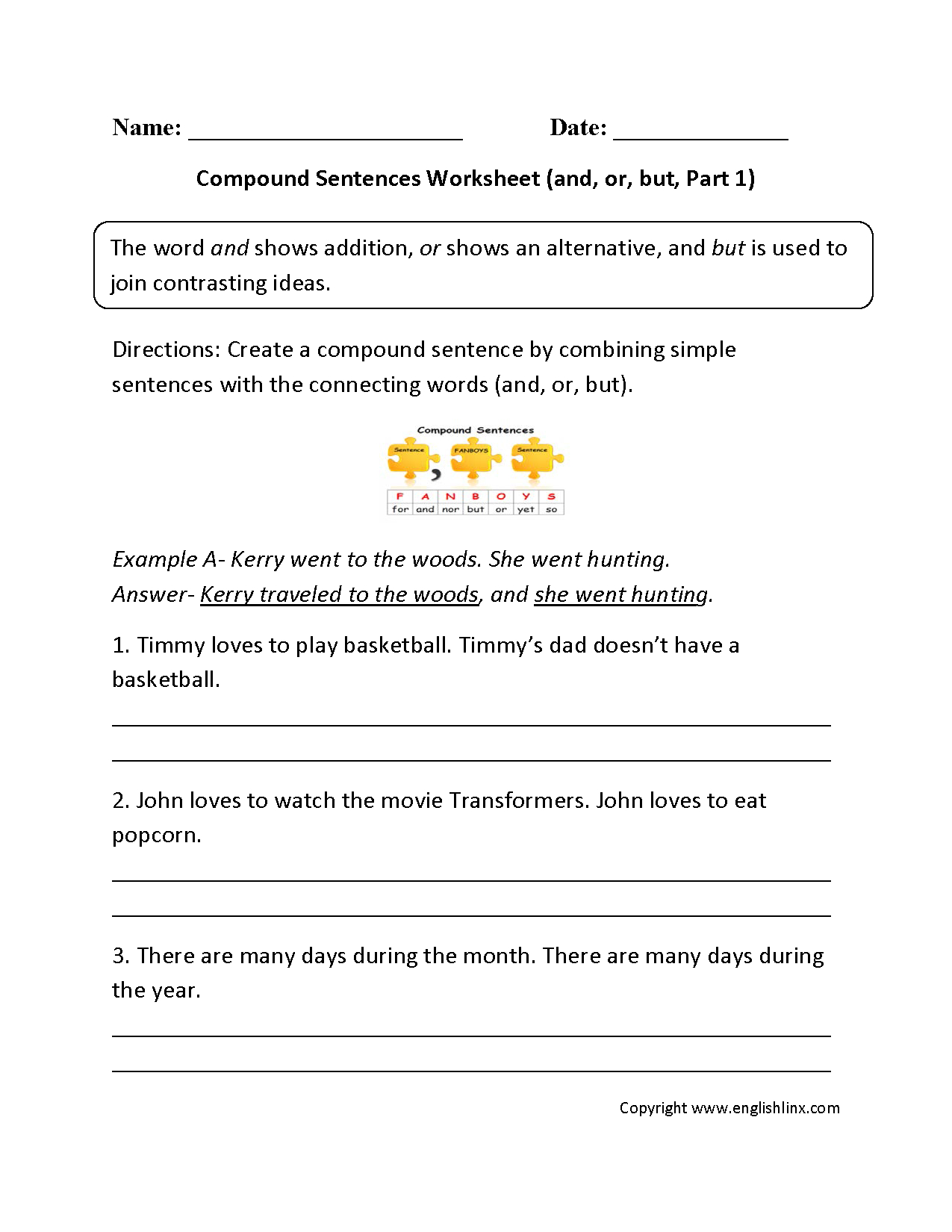 Sentences Worksheets | Compound Sentences Worksheets - Free Printable Simple Sentences Worksheets