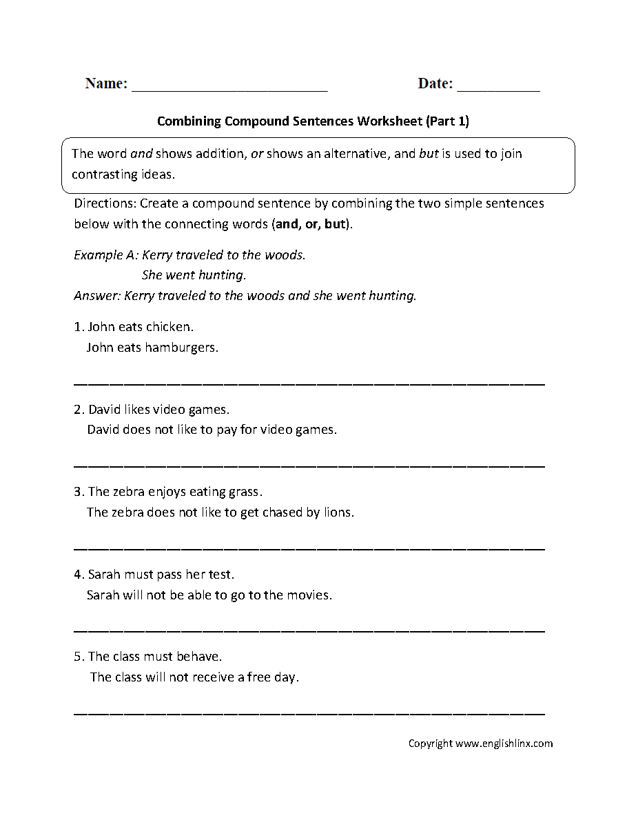 Sentences Worksheets | Compound Sentences Worksheets - Free Printable Simple Sentences Worksheets