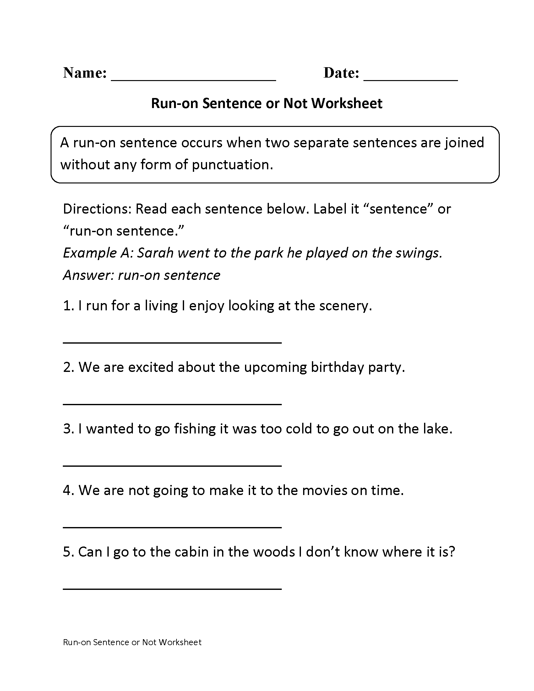 Worksheets For Identifying Run On Sentences