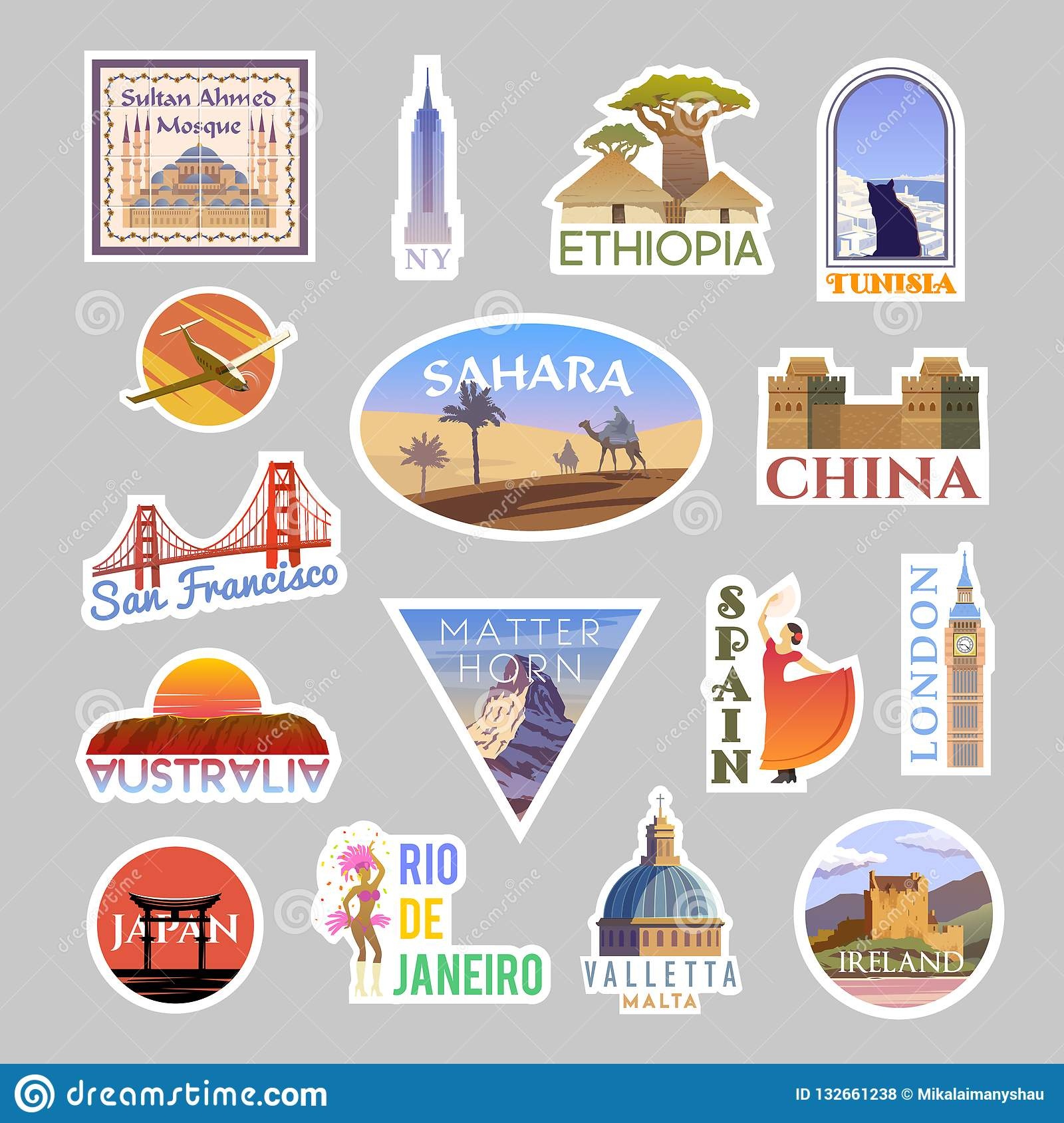 Set Of Vector Travelling Stickers Colliction. Around The World Stock - Free Printable Travel Stickers