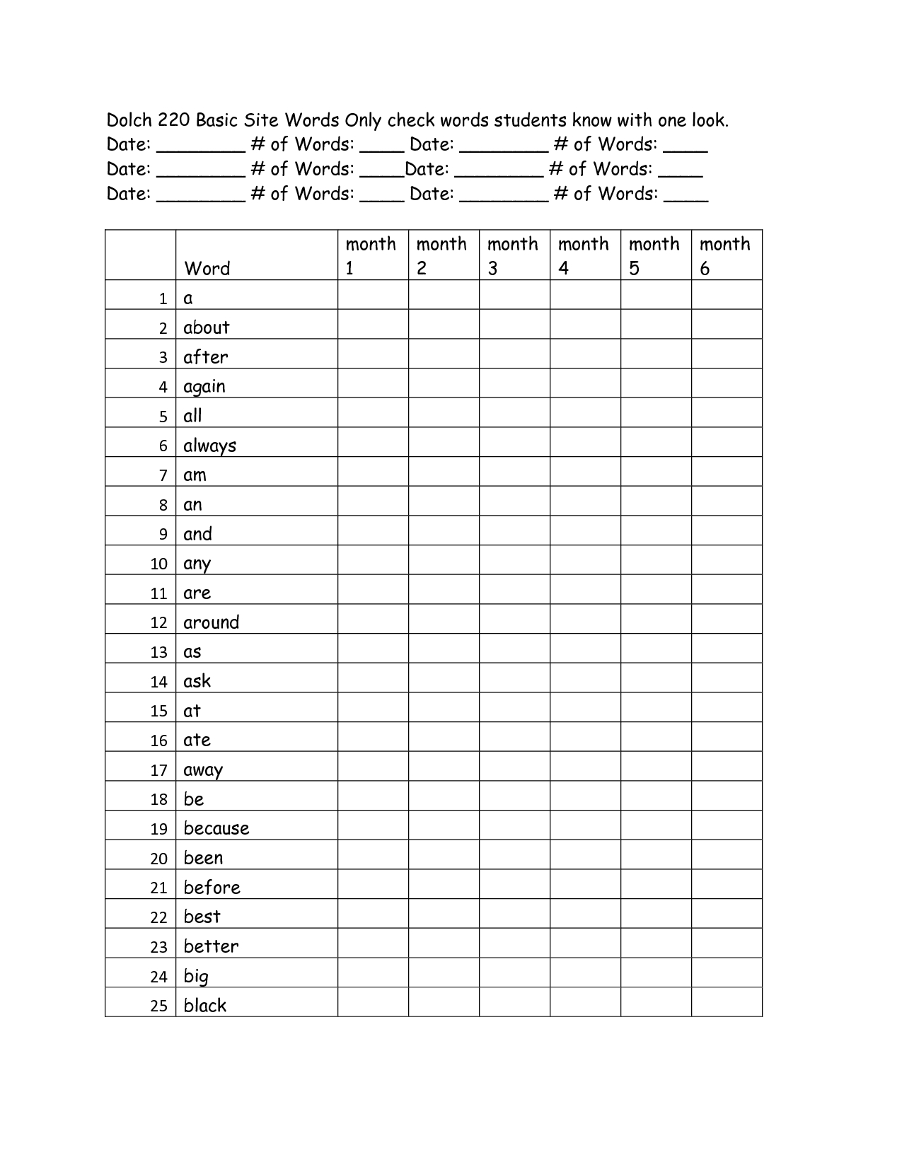 Sight Word Checklist | Dolch 220 Basic Sight Words Assessment | 3Rd - Free Printable Reading Level Assessment Test