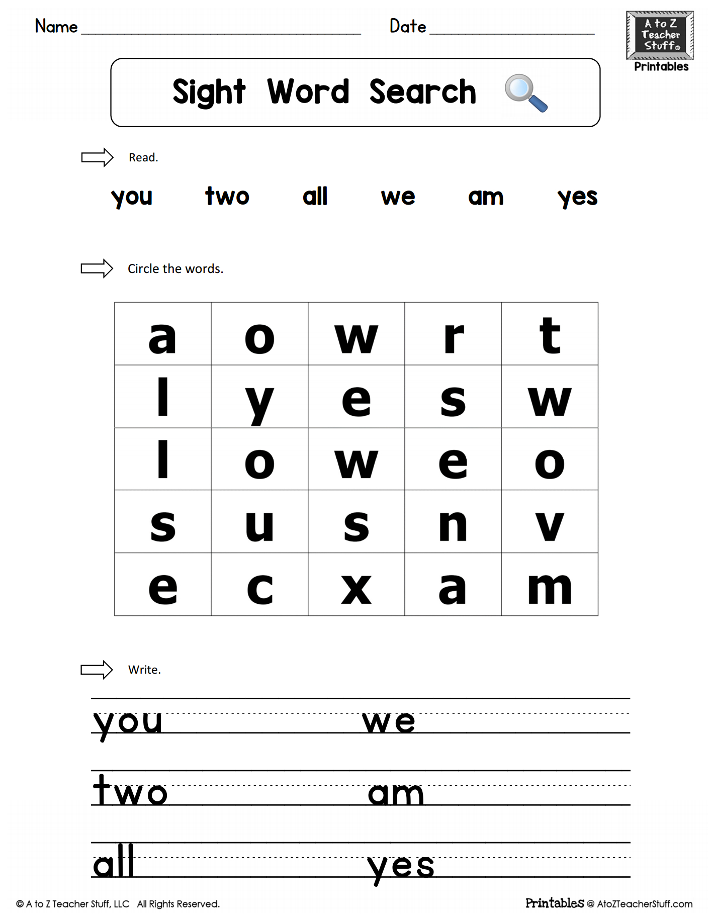 Sight Words Practice Word Search: You, Two, We, All, Am, Yes | A To - Free Printable Sight Word Reading Passages